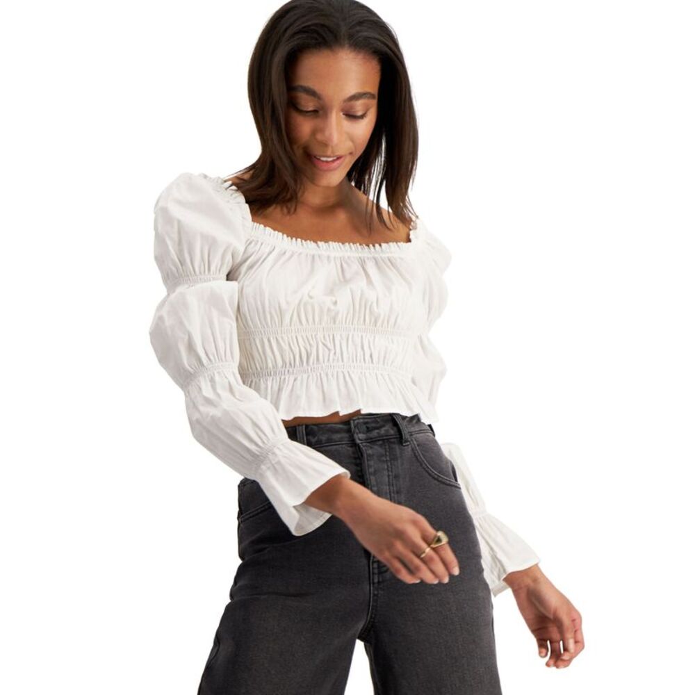 And Now This Now This Womens Cotton Ruched Puff Sleeve Top